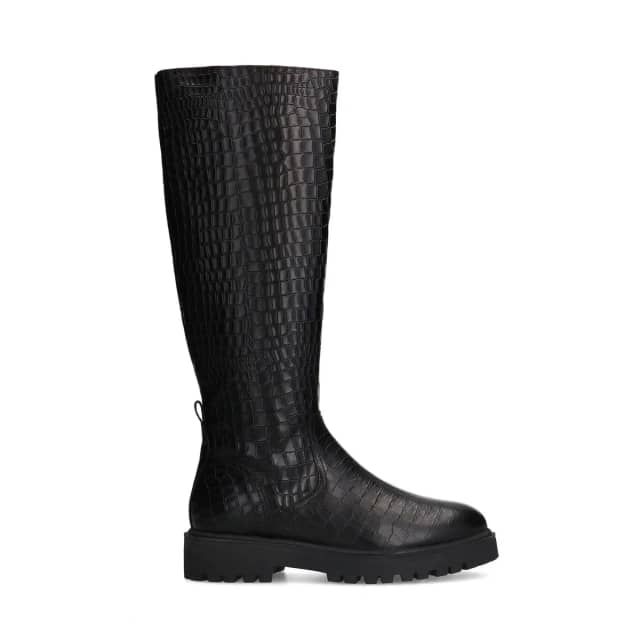Manfield Zwarte Leren Hoge Croco Laarzen Met Blokhak Van 4 Cm Met Ritssluiting