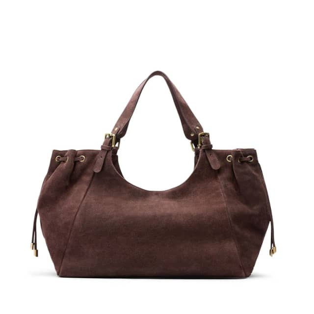 Manfield Bruine Suède Shopper Met Drukknoop