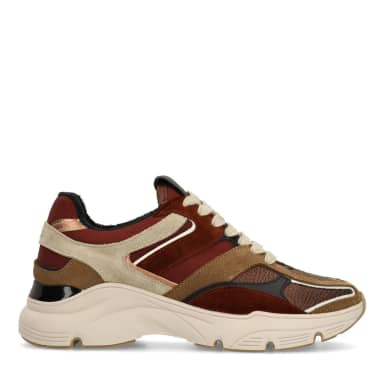 Manfield Beige Leren Sneakers Met Multicolor Details Met Plateau Zool Met Veters