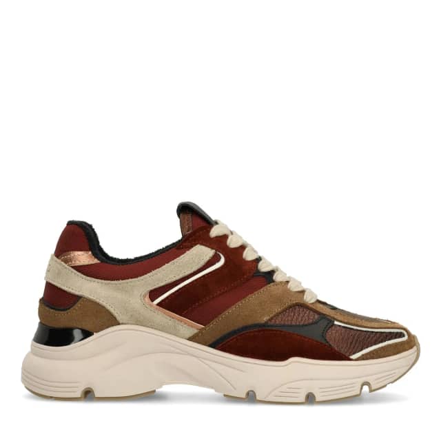 Manfield Beige Leren Sneakers Met Multicolor Details Met Plateau Zool Met Veters
