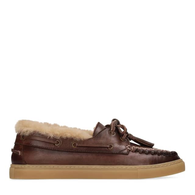 Manfield Bruine Leren Bootschoenen Met Fur Met Veters