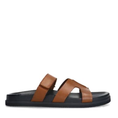Manfield Cognac Leren Slippers Met Bandje Met Plateau Zool Met Klittenband Sluiting