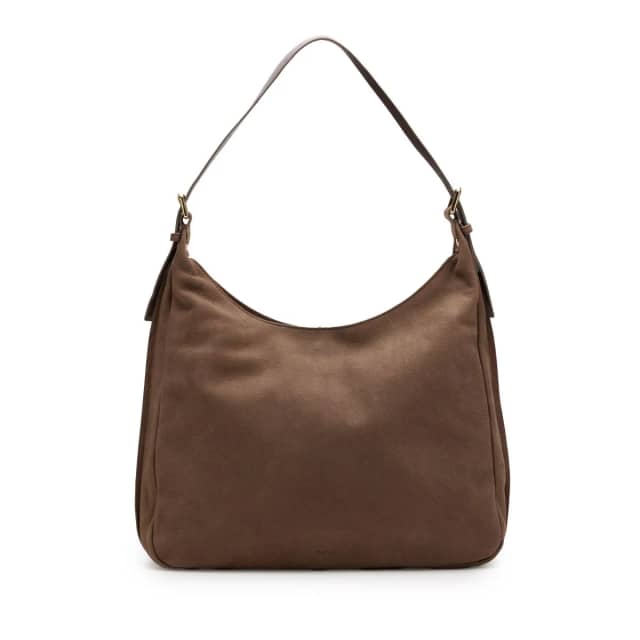 Manfield Taupe Suède Schoudertas Met Ritssluiting