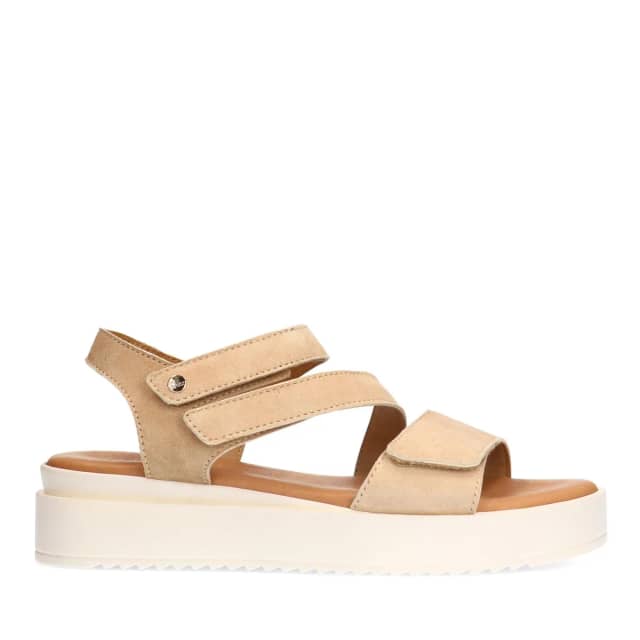 No Stress Beige Suède Sandalen Met Plateau Zool Met Klittenband Sluiting
