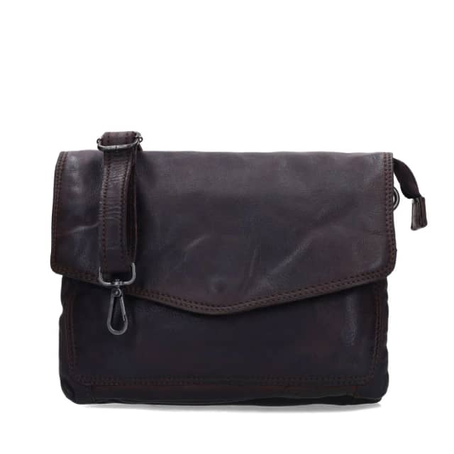 No Stress Bruine Leren Unisex Schoudertas Met Drukknoop