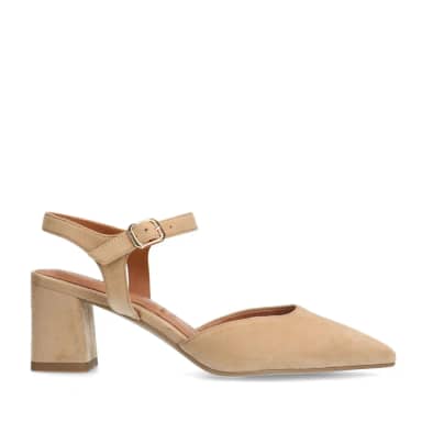 No Stress Beige Suède Slingbacks Met Blokhak Van 6 Cm Met Gespsluiting