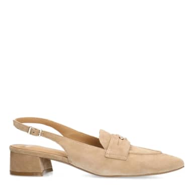 Manfield Beige Suède Slingbacks Met Blokhak Van 5 Cm Met Gespsluiting