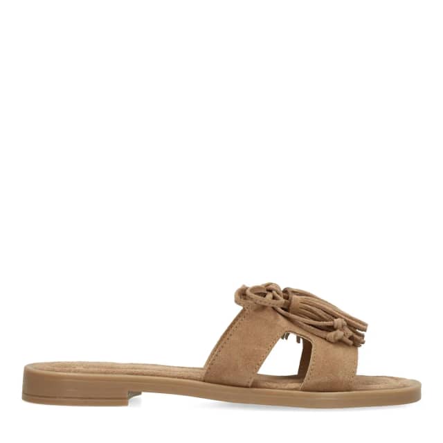 Manfield Beige Suède Slippers Met Franjes Met Veters