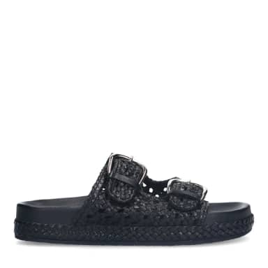 Manfield Zwarte Leren Slippers Met Plateau Zool Met Gespsluiting