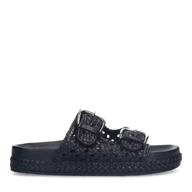 Manfield Zwarte Leren Slippers Met Plateau Zool Met Gespsluiting