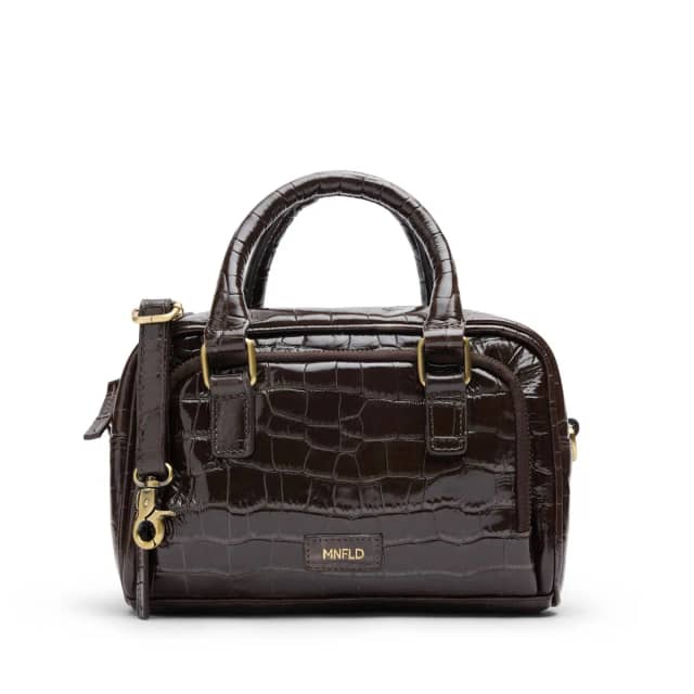 Manfield Bruine Lakleren Croco Handtas Met Ritssluiting