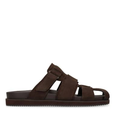 Manfield Donkerbruine Suède Slippers Met Gespsluiting