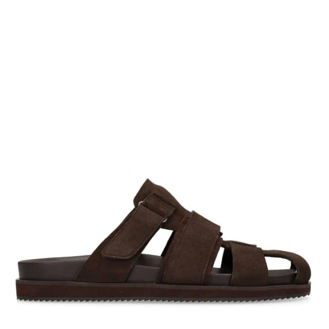 Manfield Donkerbruine Suède Slippers Met Gespsluiting