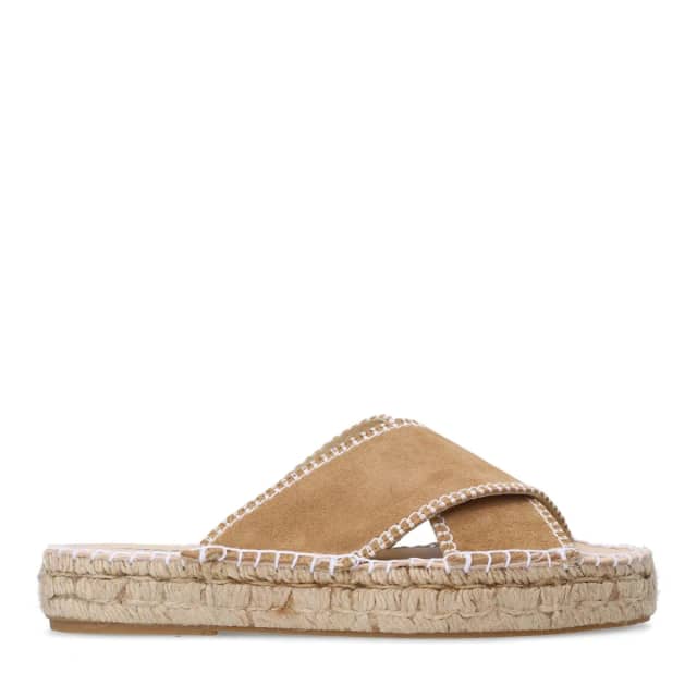 Sacha Beige suède slippers met witte stiksels