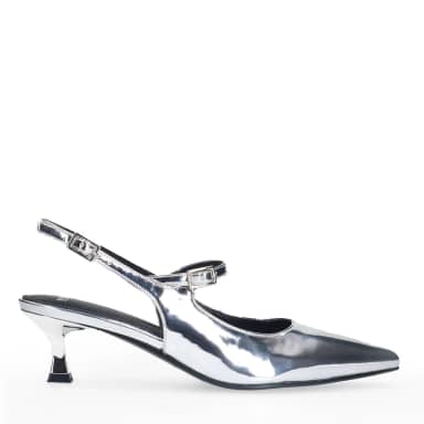 Manfield Manfield Zilveren Lak Slingbacks Met Kitten Heel Van 5 Cm Met Gespsluiting