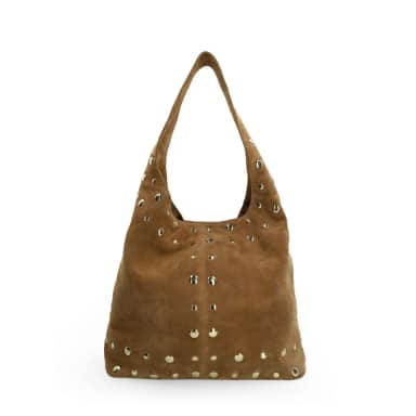 Manfield Taupe Suède Schoudertas Met Gouden Studs Met Drukknoop