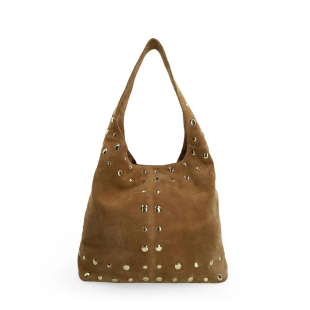Manfield Taupe Suède Schoudertas Met Gouden Studs Met Drukknoop