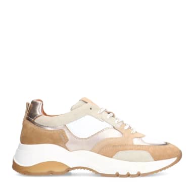 Manfield Beige Leren Sneakers Met Witte Details Met Plateau Zool Van 3 Cm Met Veters