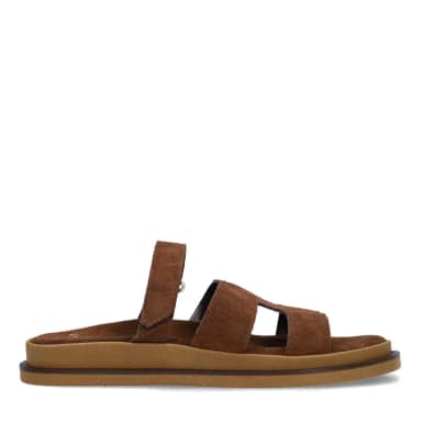 Manfield Bruine Suède Slippers Met Bandje Met Plateau Zool Met Klittenband Sluiting