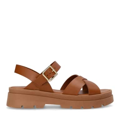 Manfield Cognac Leren Sandalen Met Plateau Zool Van 3 Cm Met Gespsluiting
