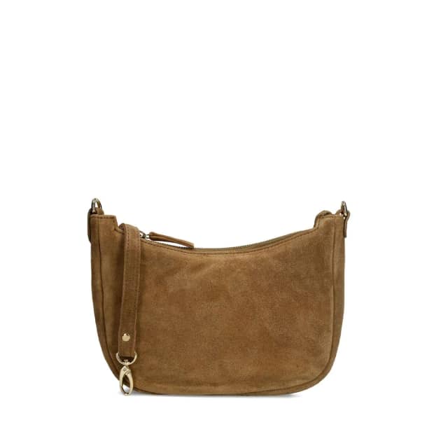 Manfield Taupe Suède Schoudertas Met Ritssluiting